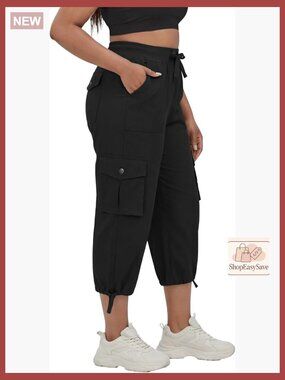 Plus Size Cargo Capris Stretch Pull-On Wide Leg Cropped Joggers Activewear